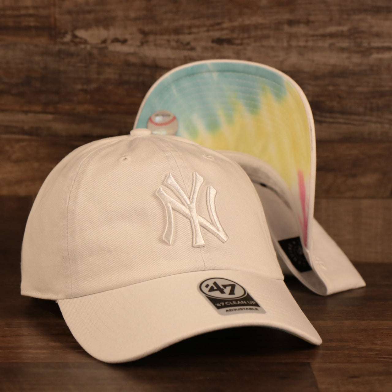 New York Yankees Tie Dye Bottom White Clean Up Dad Hat  Front and bottom view of the cap