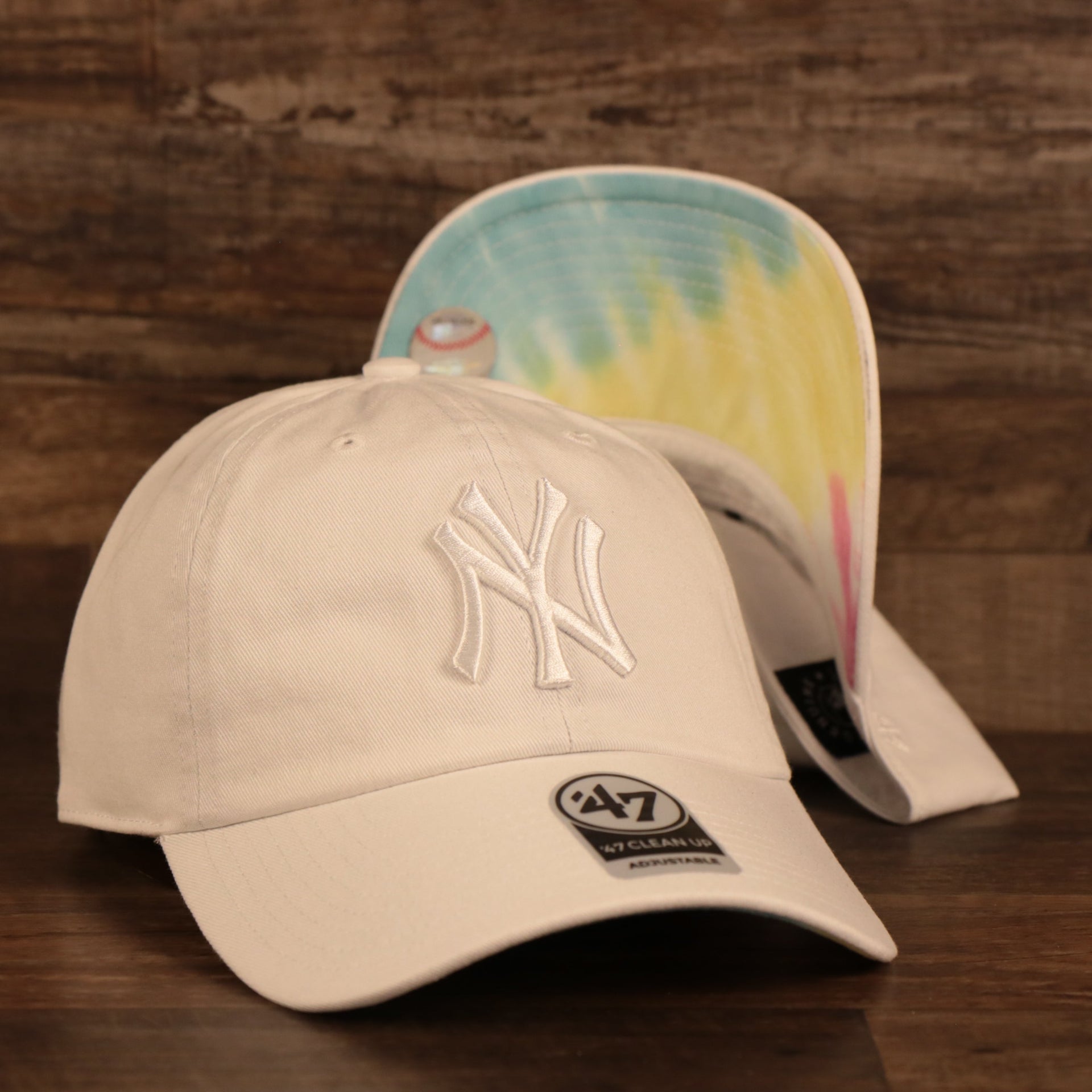 New York Yankees Tie Dye Bottom White Clean Up Dad Hat  Front and bottom view of the cap