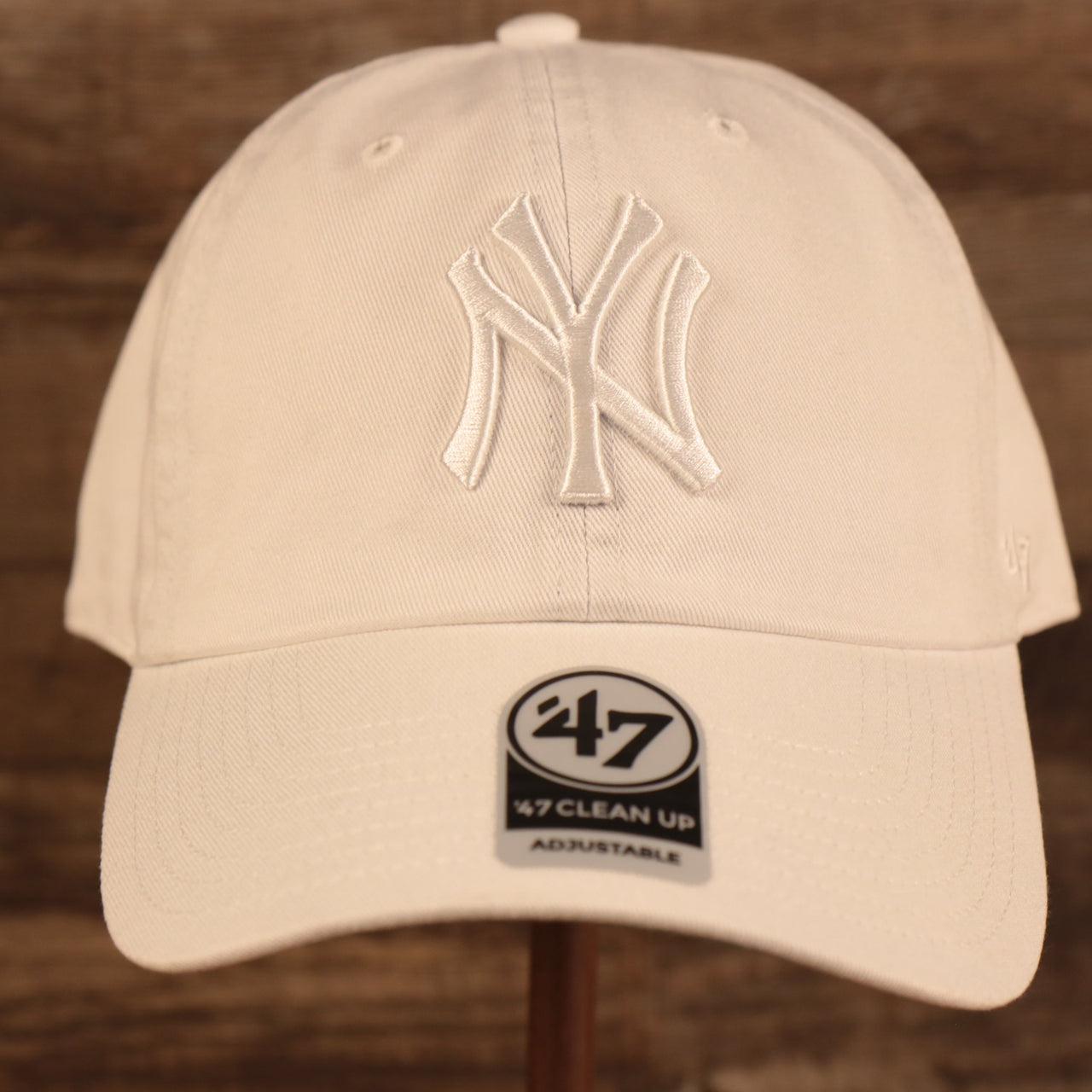 New York Yankees Tie Dye Bottom White Clean Up Dad Hat  Up close front of the cap