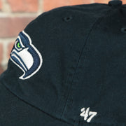 47 brand logo on the Seattle Seahawks Navy Blue Adjustable Dad Hat | OSFM