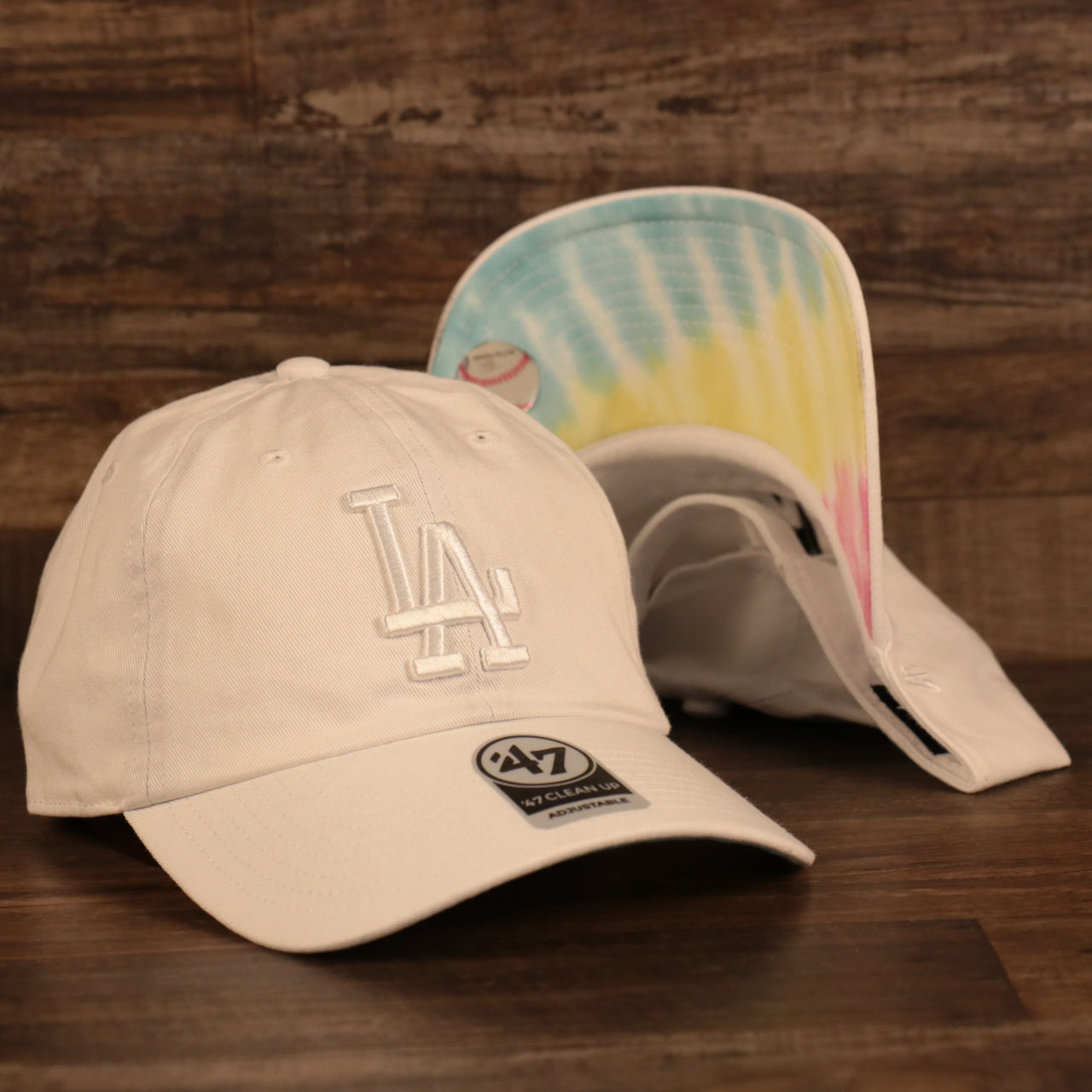 Los Angeles Dodgers Tie Dye Bottom White Clean Up Dad Hat  Front and bottom view of the cap