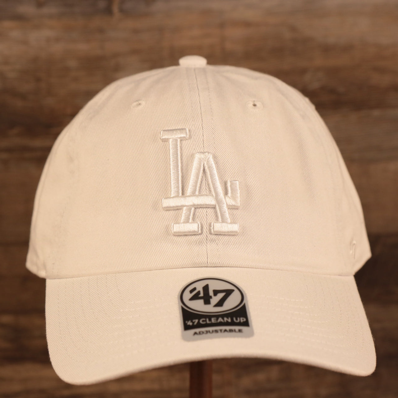 Los Angeles Dodgers Tie Dye Bottom White Clean Up Dad Hat  Up close front of the cap