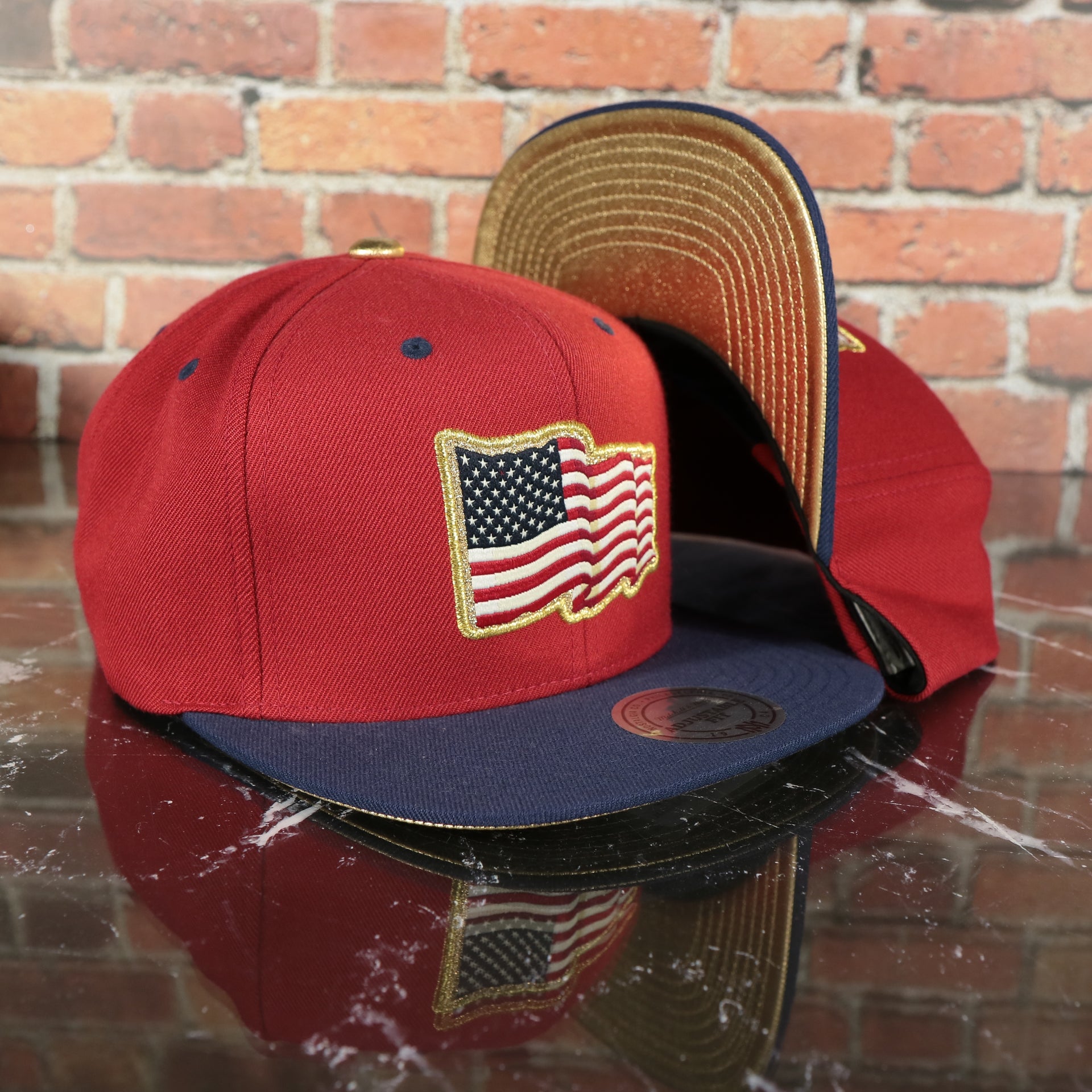 American Flag Fourth of July Gold Trim Red on Navy Blue Snapback Hat