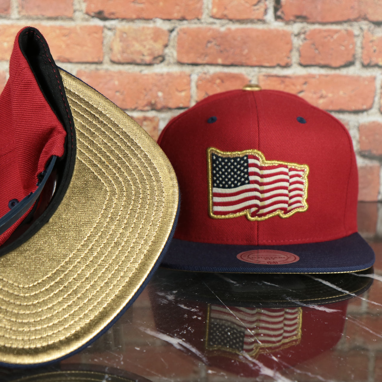gold under visor on the American Flag Fourth of July Gold Trim Red on Navy Blue Snapback Hat