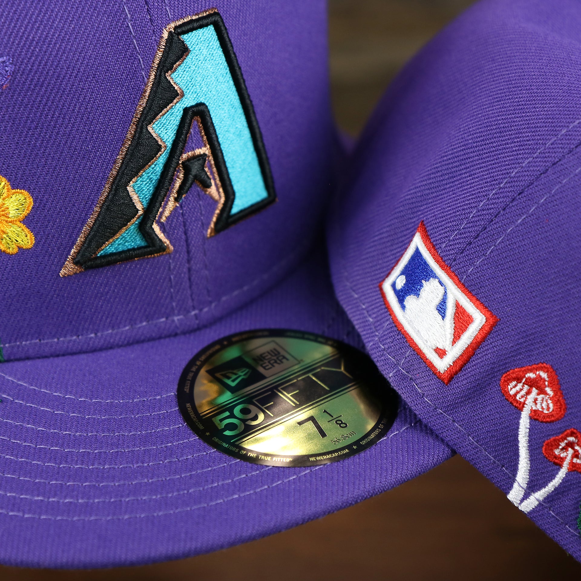 The 59Fifty Sticker on the Cooperstown Arizona Diamondbacks Gray Bottom Bloom Spring Embroidery 59Fifty Fitted Cap | Purple 59Fifty Cap