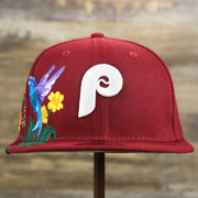 The front of the Cooperstown Philadelphia Phillies Gray Bottom Bloom Spring Embroidery 59Fifty Fitted Cap | Maroon 59Fifty Cap