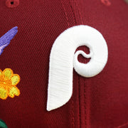 The Cooperstown Phillies Logo on the Cooperstown Philadelphia Phillies Gray Bottom Bloom Spring Embroidery 59Fifty Fitted Cap | Maroon 59Fifty Cap