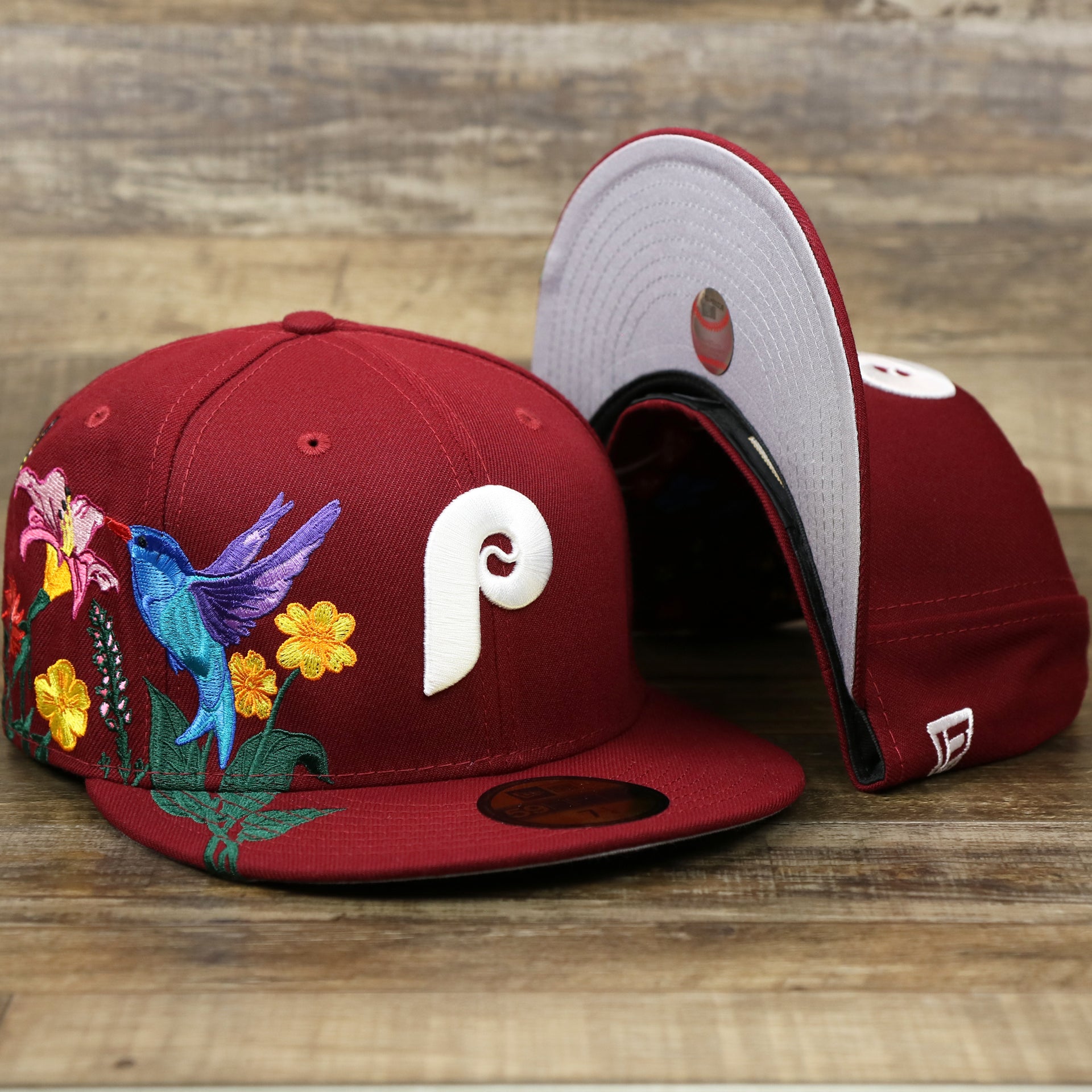 The Cooperstown Philadelphia Phillies Gray Bottom Bloom Spring Embroidery 59Fifty Fitted Cap | Maroon 59Fifty Cap