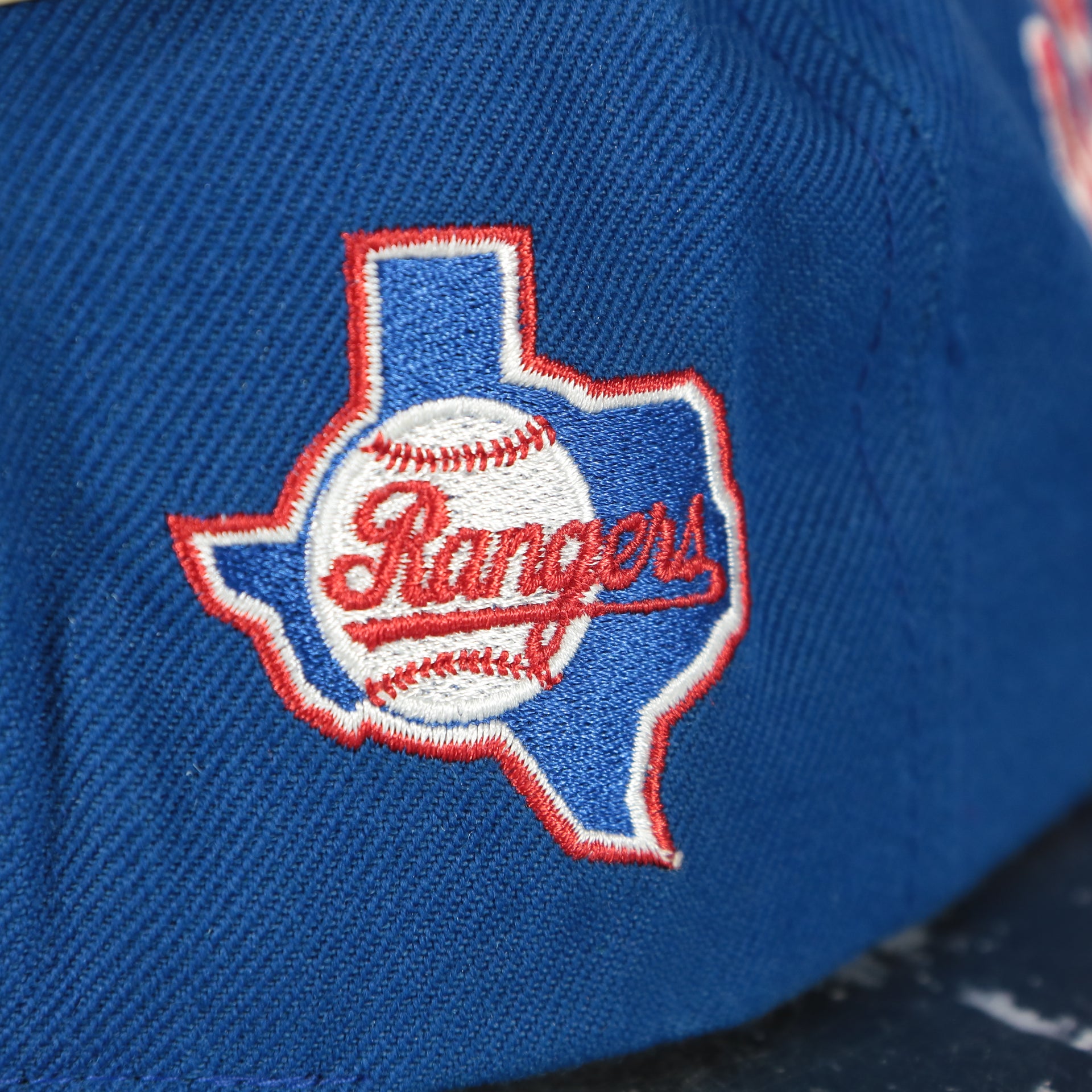 rangers patch on the Cooperstown Texas Rangers Blockhead Green Bottom | Two tone Blue on Red Snapback Hat