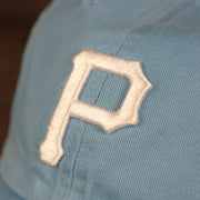Pittsburgh Pirates Pink Bottom Icy Blue Clean Up Dad Hat  Up close front Pittsburgh Pirates logo of the cap