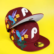 The Cooperstown Philadelphia Phillies Gray Bottom Bloom Spring Embroidery 59Fifty Fitted Cap | Maroon 59Fifty Cap with another cap