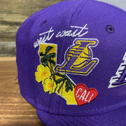 Close up of side patch embroidery on Los Angeles Lakers "City Cluster" Side Patch Gray Bottom Purple 59Fifty Fitted Cap