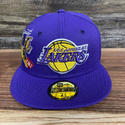 Front of Los Angeles Lakers "City Cluster" Side Patch Gray Bottom Purple 59Fifty Fitted Cap