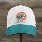 The front of the Throwback Miami Dolphins NFL Wordmark Side Patch Legacy Dad Hat | Bone Dad Hat