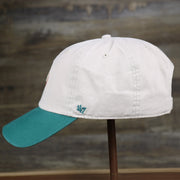 The wearer's left of the Throwback Miami Dolphins NFL Wordmark Side Patch Legacy Dad Hat | Bone Dad Hat