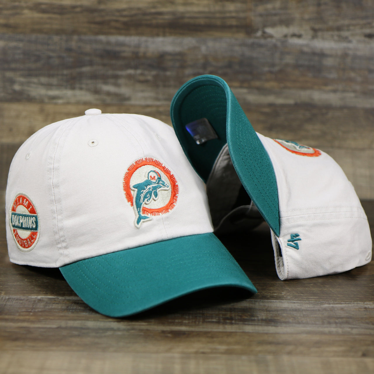 TheThrowback Miami Dolphins NFL Wordmark Side Patch Legacy Dad Hat | Bone Dad Hat 