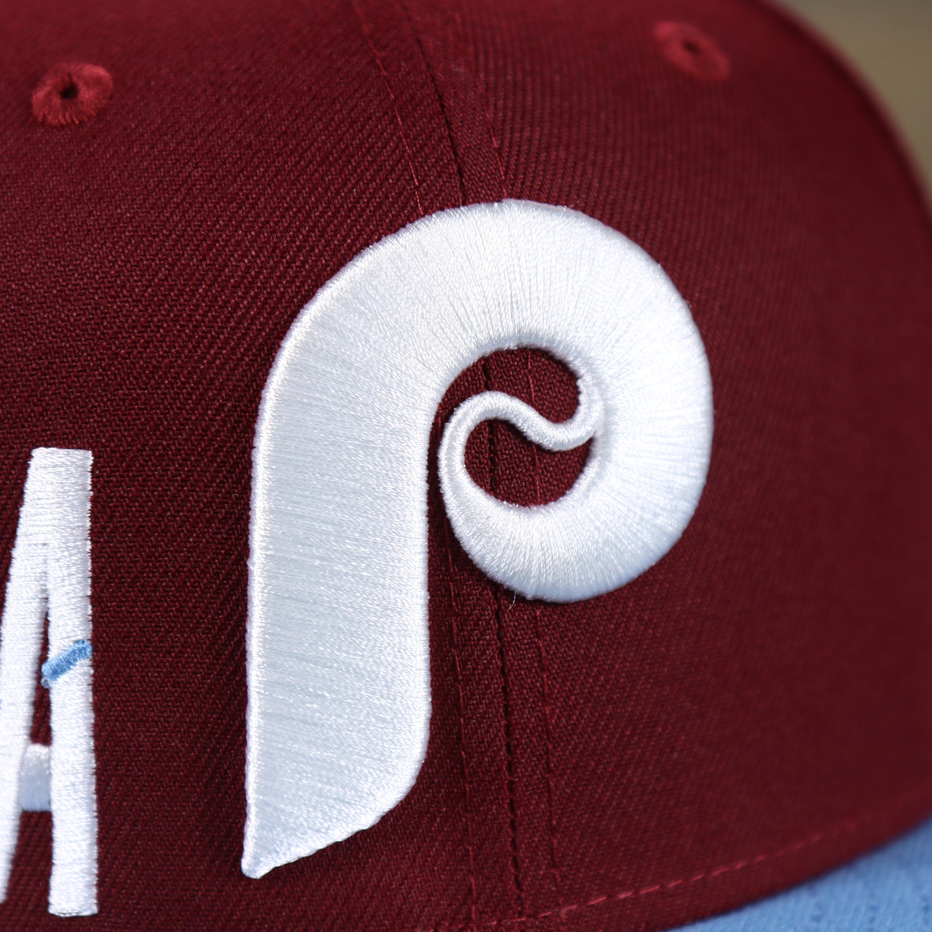 The Cooperstown Phillies Logo on the Cooperstown Philadelphia Phillies MLB Side Font Green Bottom 9Fifty Snapback Cap | Maroon Snap Cap