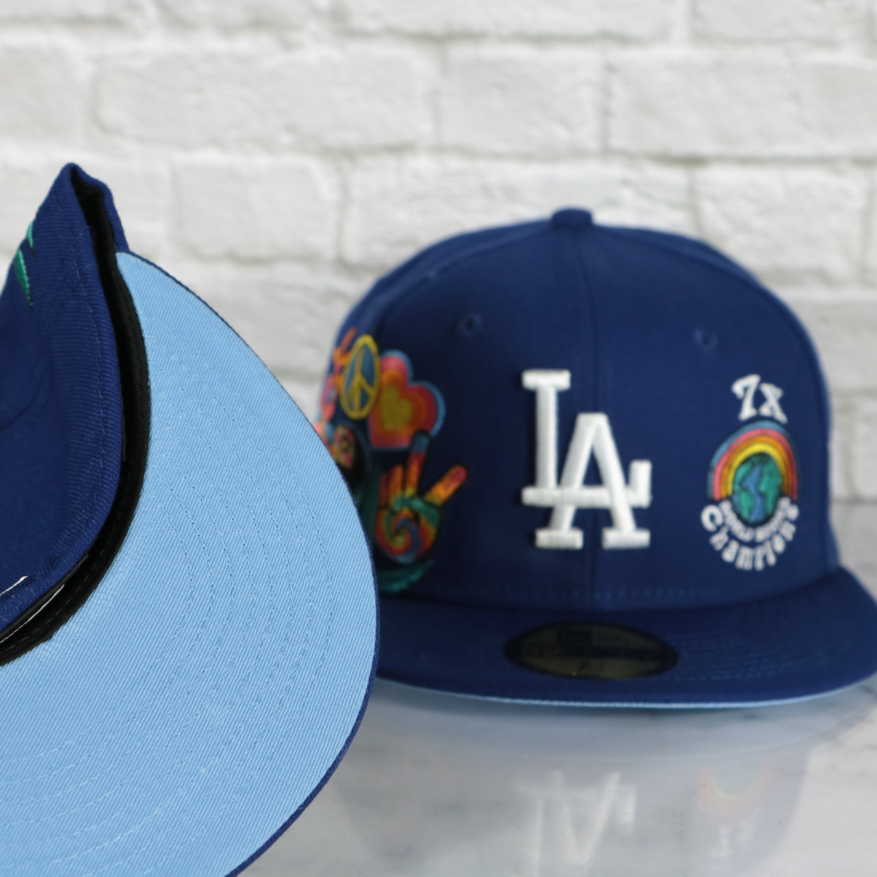 sky blue under visor on the Los Angeles Dodgers Groovy World Series Champions Patch 59Fifty Fitted Cap | New Era Groovy Side Patch 5950