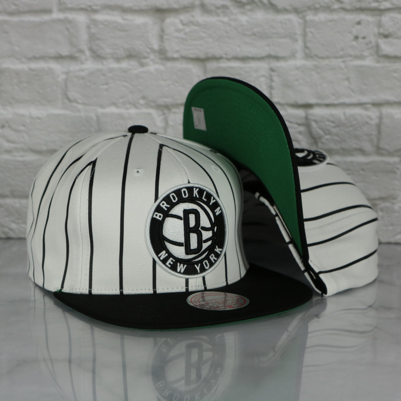 Brooklyn Nets Vintage Pinstripe Baseball Hat | Retro Mitchell and Ness White Pinstripe Snapback Hat