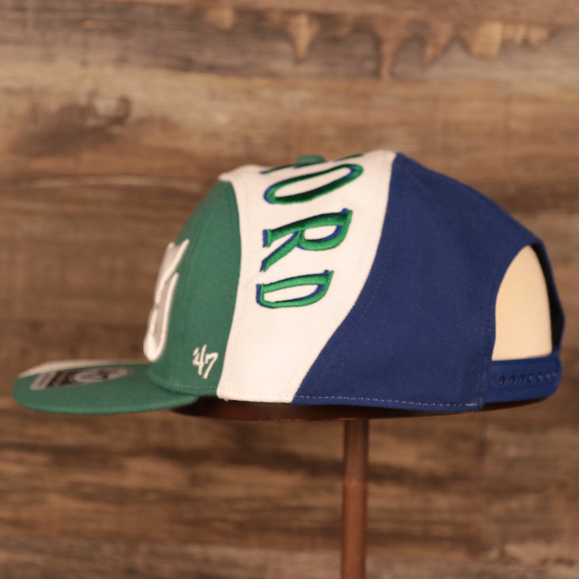 wearers left side of the Hartford Whalers Blue White & Green Retro Adjustable Snapback Cap