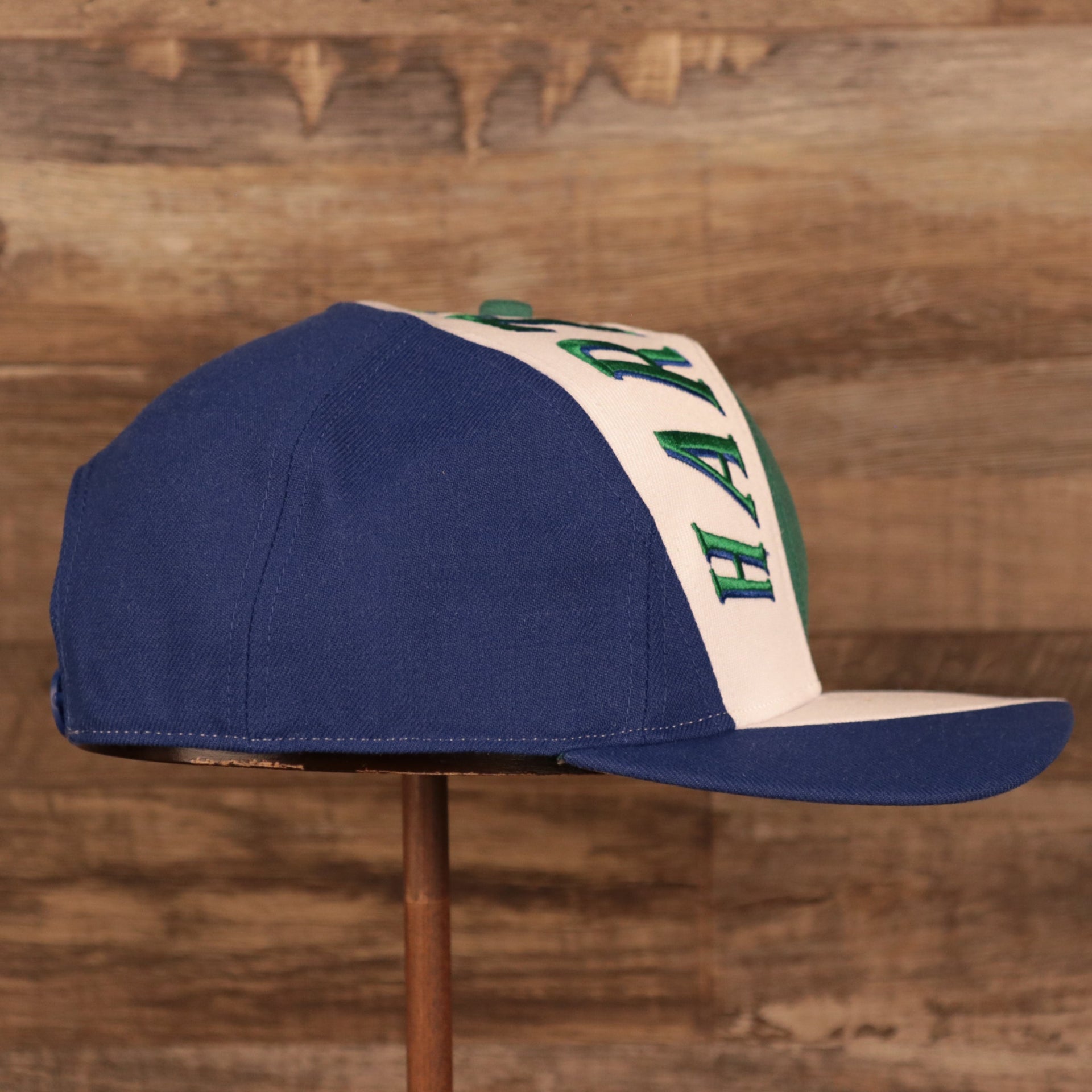 wearers right side of the Hartford Whalers Blue White & Green Retro Adjustable Snapback Cap