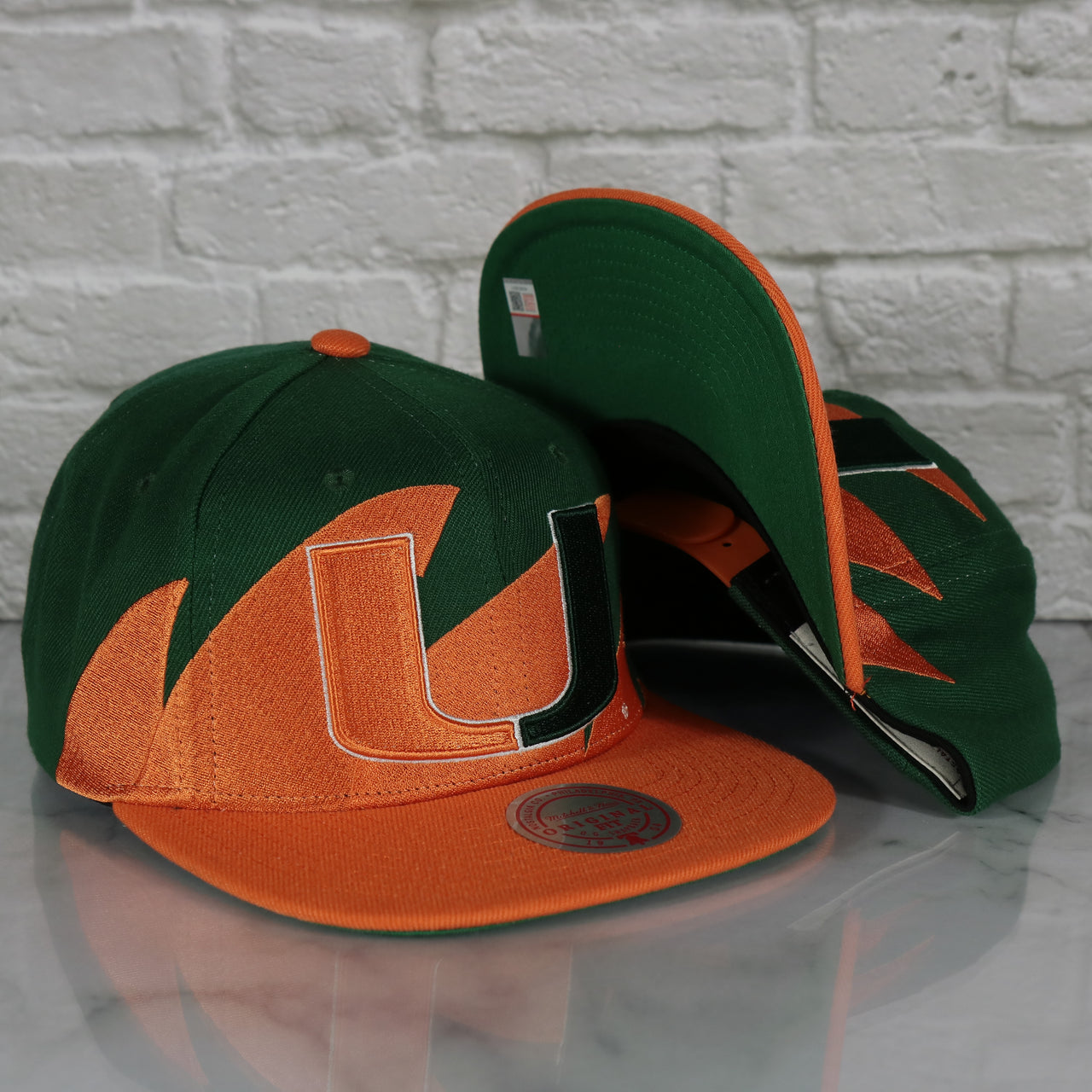 University of Miami Hurricanes Vintage Retro Sharktooth Mitchell and Ness Snapback Hat | Orange/Green