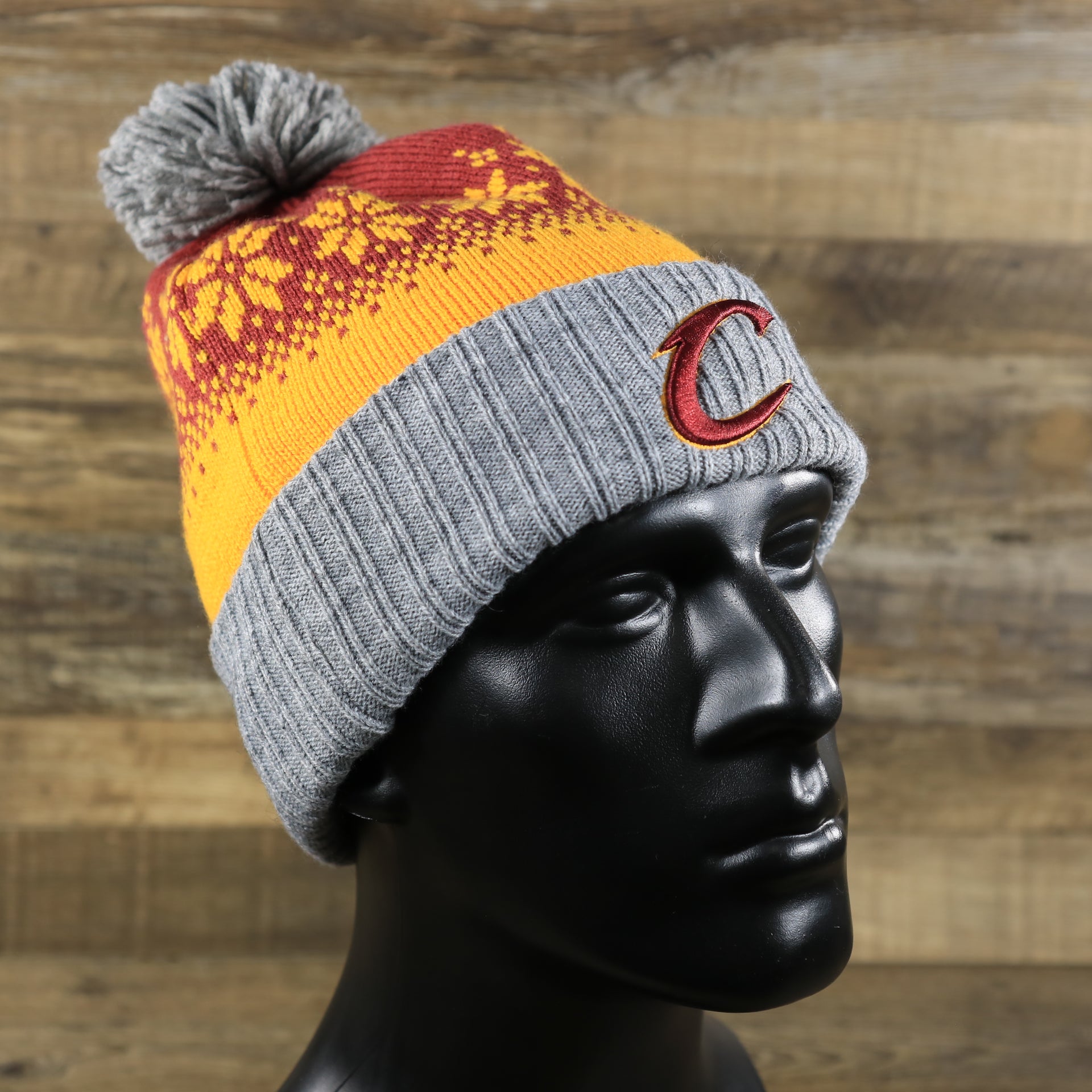 Cleveland Cavaliers Arctic Snowflake Ugly Sweater Pattern Cuffed Beanie With Pom Pom | Yellow, Maroon, and Gray Winter Beanie