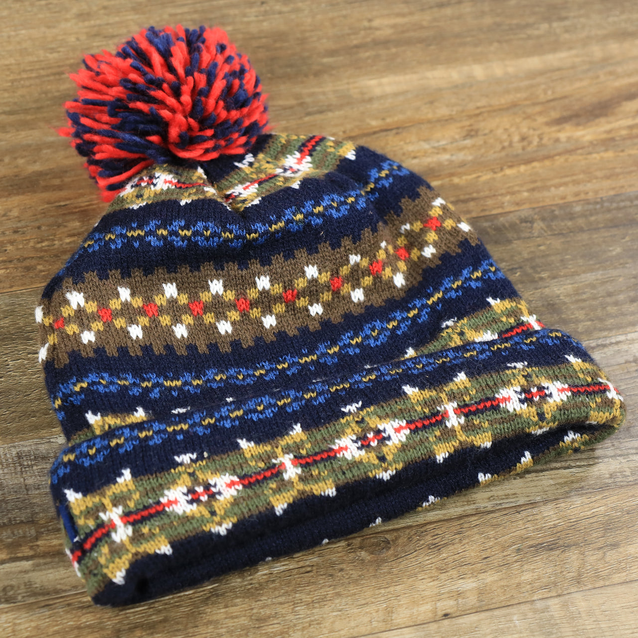 Beacon Ugly Sweater Pattern Pom Pom Cuffed Winter Beanie | Navy Blue And Brown Beanie