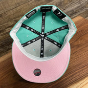 Pink under visor of the 2008 World Series Philadelphia Phillies Heart Pink Bottom 5950 Fitted | "Mint Flamingo"