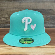 Front of the 2008 World Series Philadelphia Phillies Heart Pink Bottom 5950 Fitted | "Mint Flamingo"