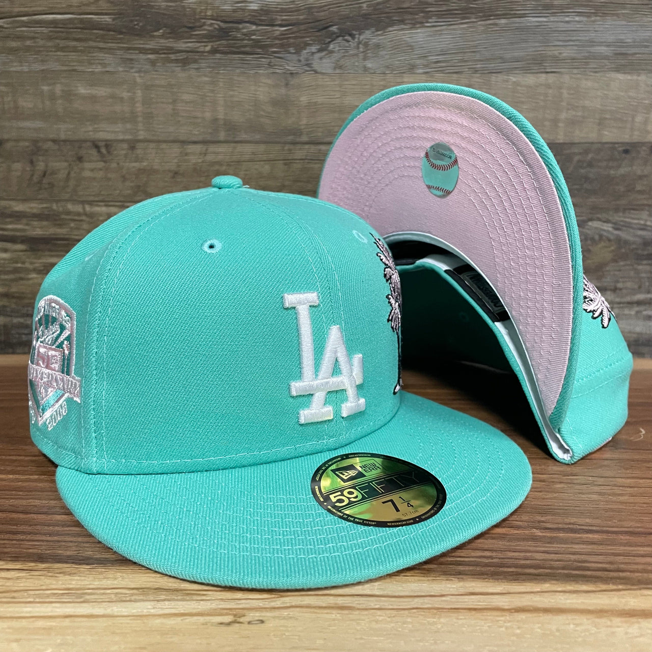 50th Anniversary Los Angeles Dodgers Palm Tree Pink Bottom Side Patch 5950 Fitted | "Mint Flamingo"