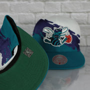 green under visor on the Charlotte Hornets Vintage Retro NBA Paintbrush Mitchell and Ness Snapback Hat | Purple/White/Teal