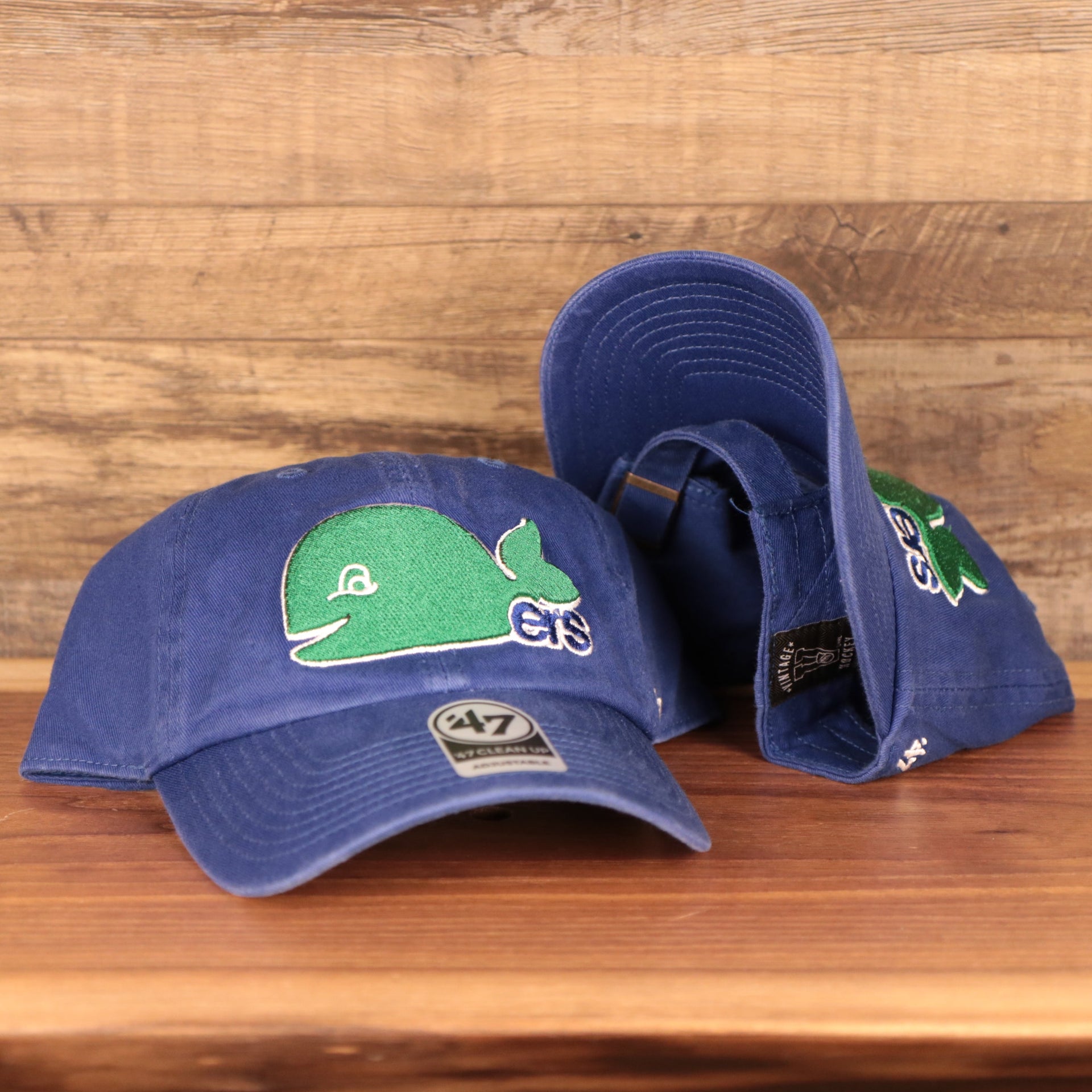 front and bottom of the Hartford Whalers Throwback Royal Adjustable Dad Hat