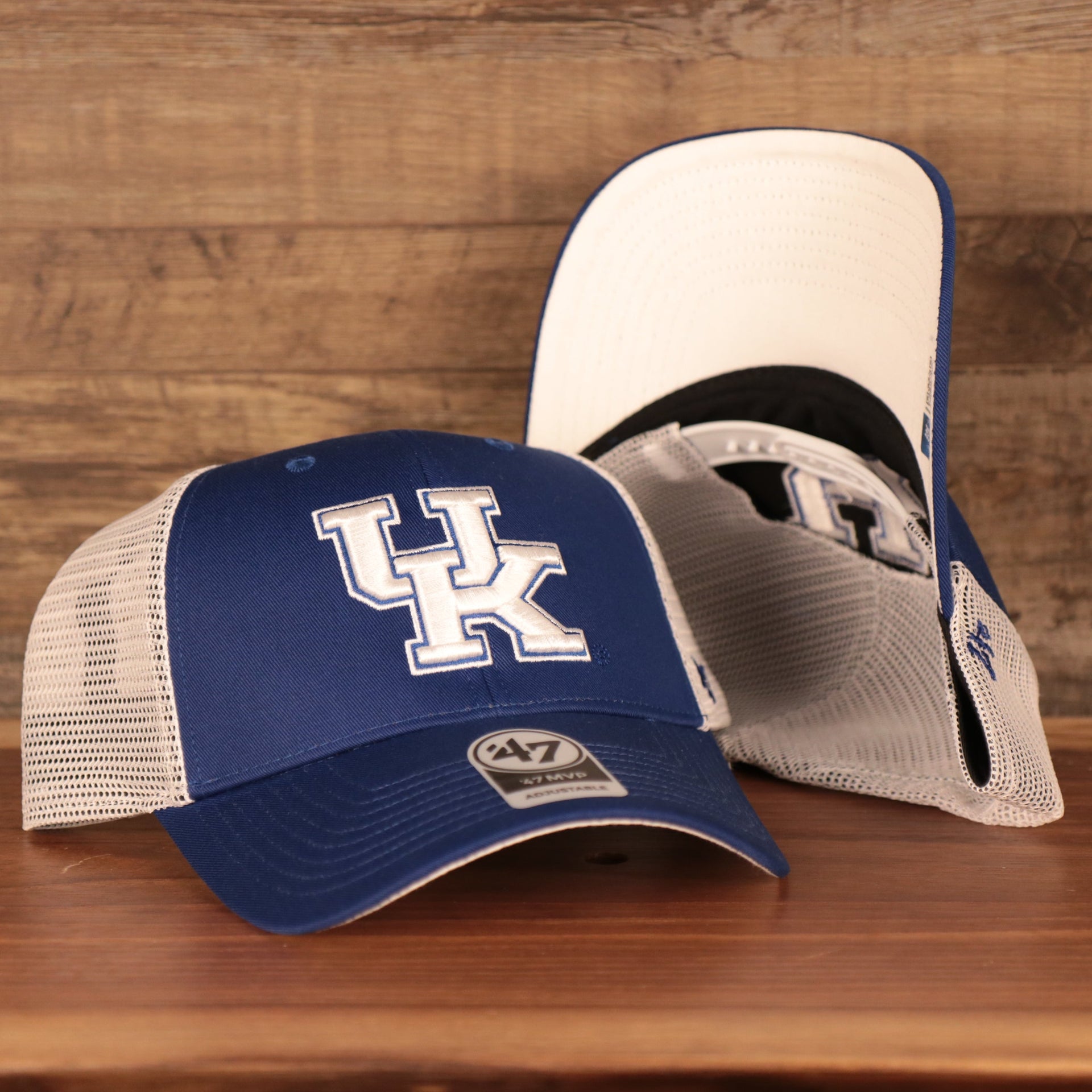 front and bottom of the University of Kentucky Wildcats Blue And White Adjustable Trucker Dad Hat