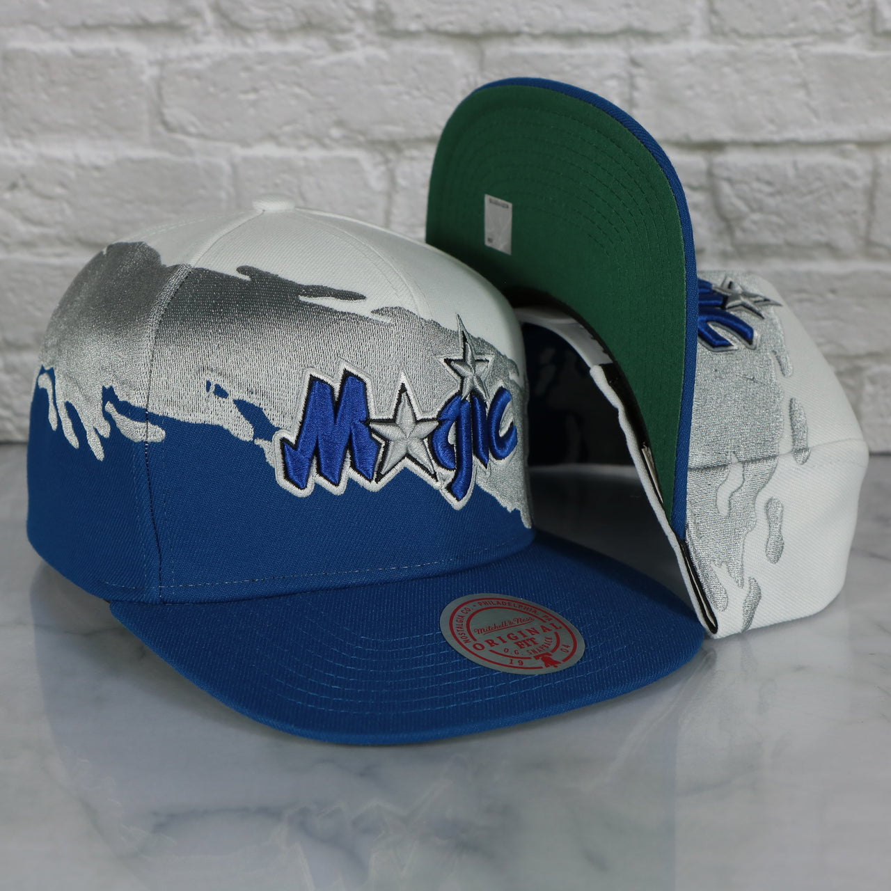 Orlando Magic Vintage Retro NBA Paintbrush Mitchell and Ness Snapback Hat | Blue/White/Silver