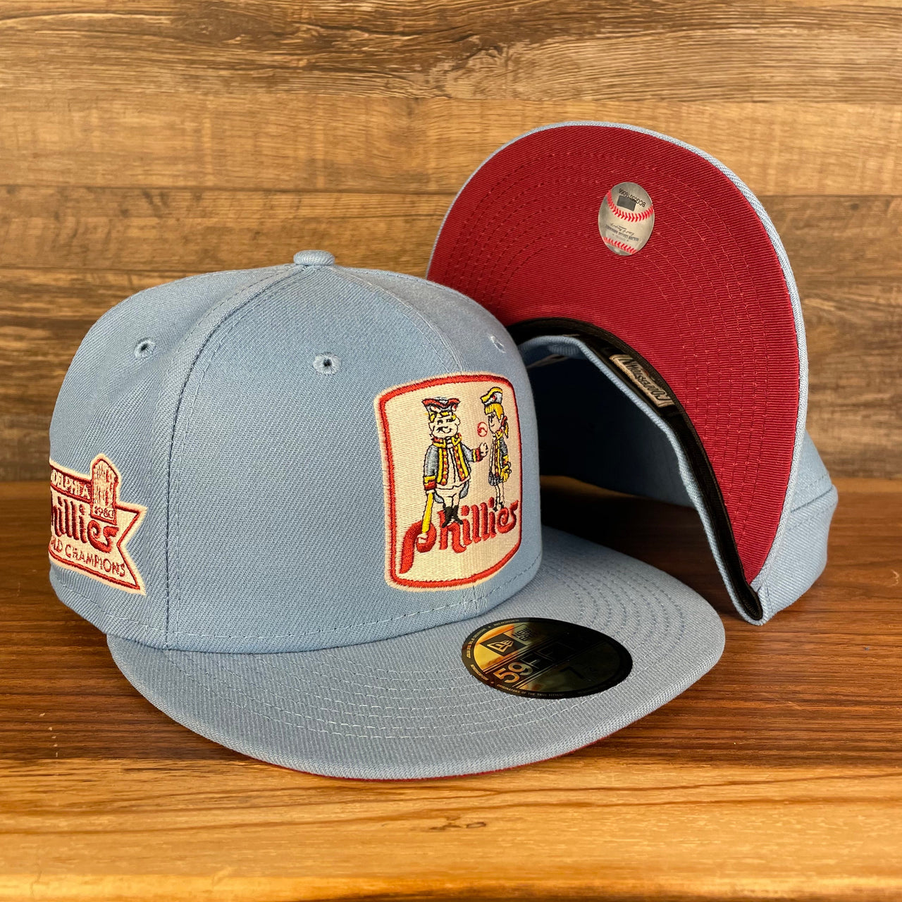 Philadelphia Phillies 1980 World Champions Side Patch Cooperstown Quaker Logo Maroon Bottom Sky 59Fifty Fitted Cap