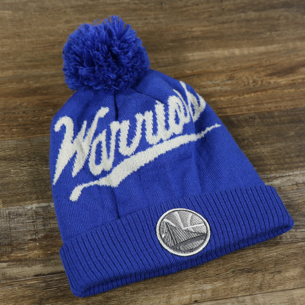Golden State Warriors Gray Wordmark Cuffed Winter Pom Pom Beanie | Royal Blue Winter Beanie