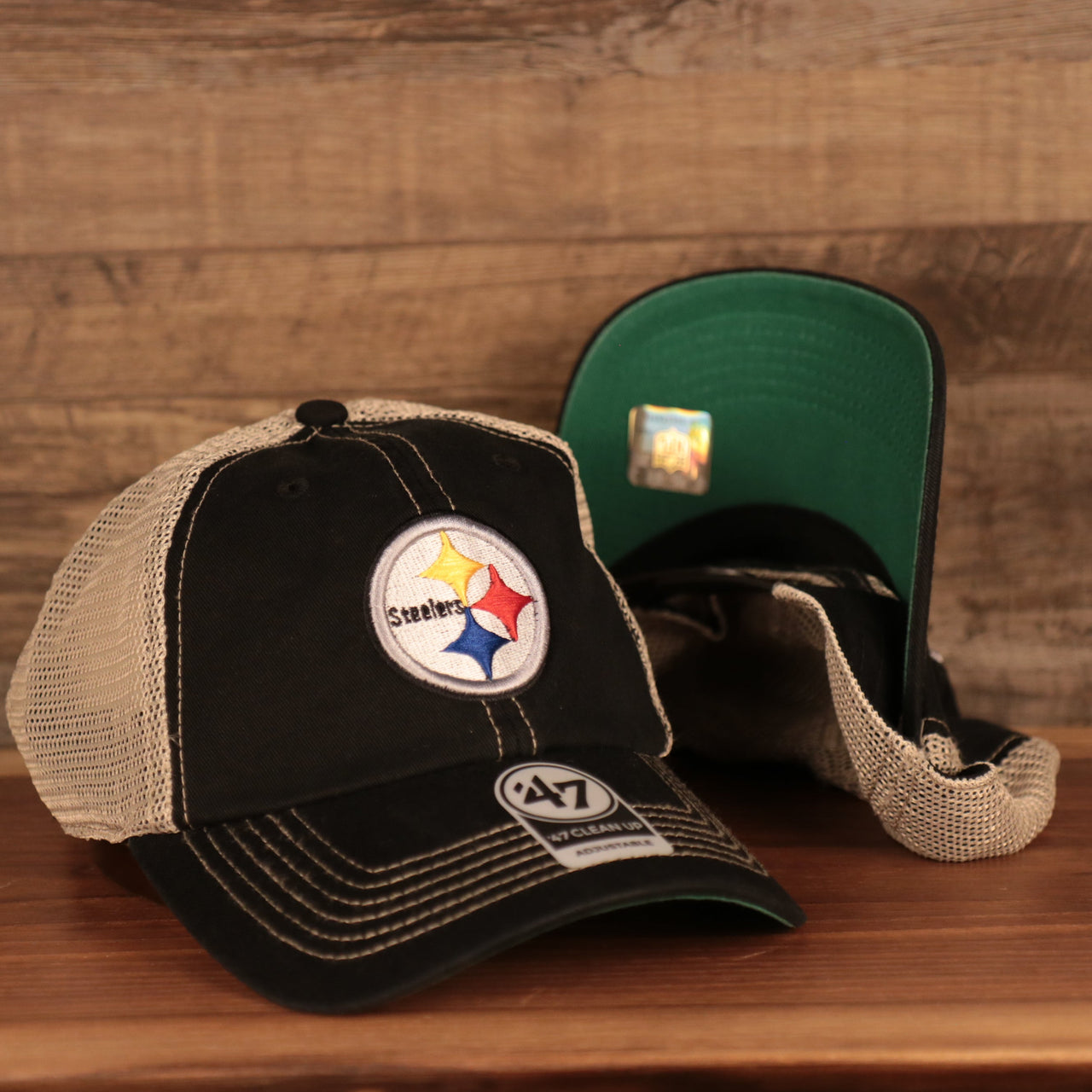 front and bottom Pittsburgh Steelers Black Adjustable Green Bottom Trucker Dad Hat