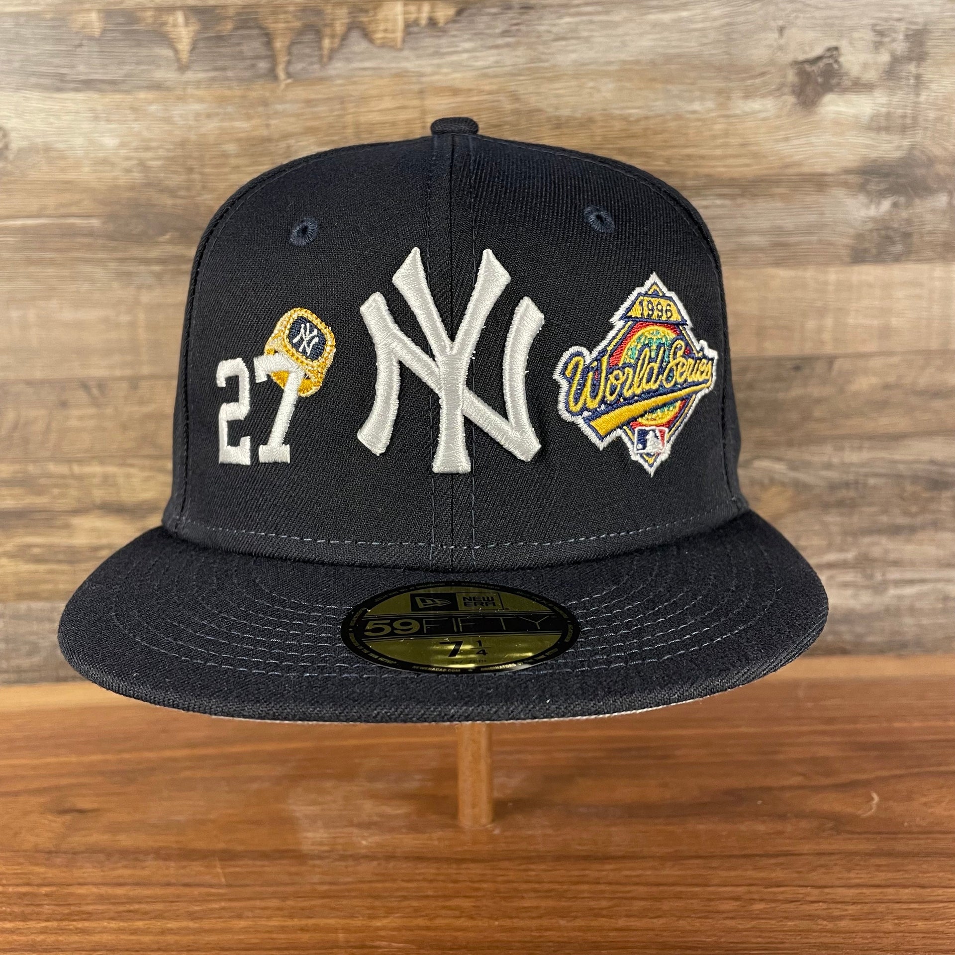 front view New York Yankees Cooperstown "Championship Rings" All Over Side Patch Gray Bottom 59FIFTY Fitted Cap