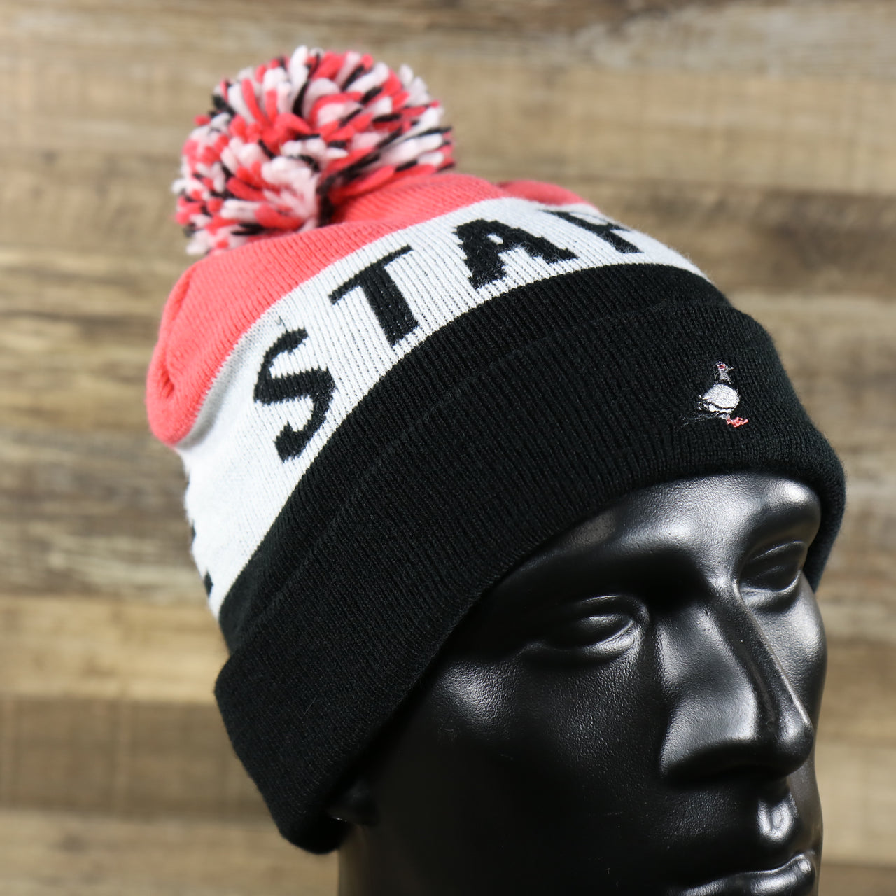Staple Pigeon Logo Striped Wordmark Cuffed Pom Pom Winter Beanie | Red, White, And Black Beanie
