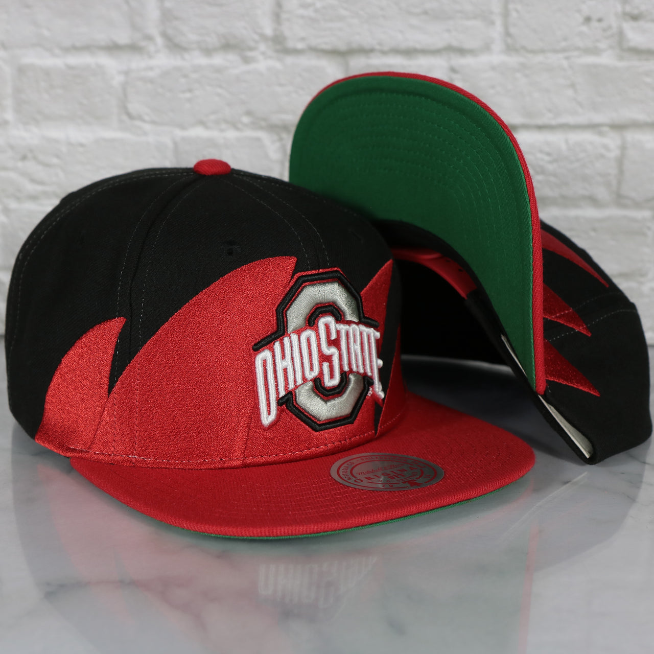 Ohio State University Buckeyes Vintage Retro Sharktooth Mitchell and Ness Snapback Hat | Red/Black