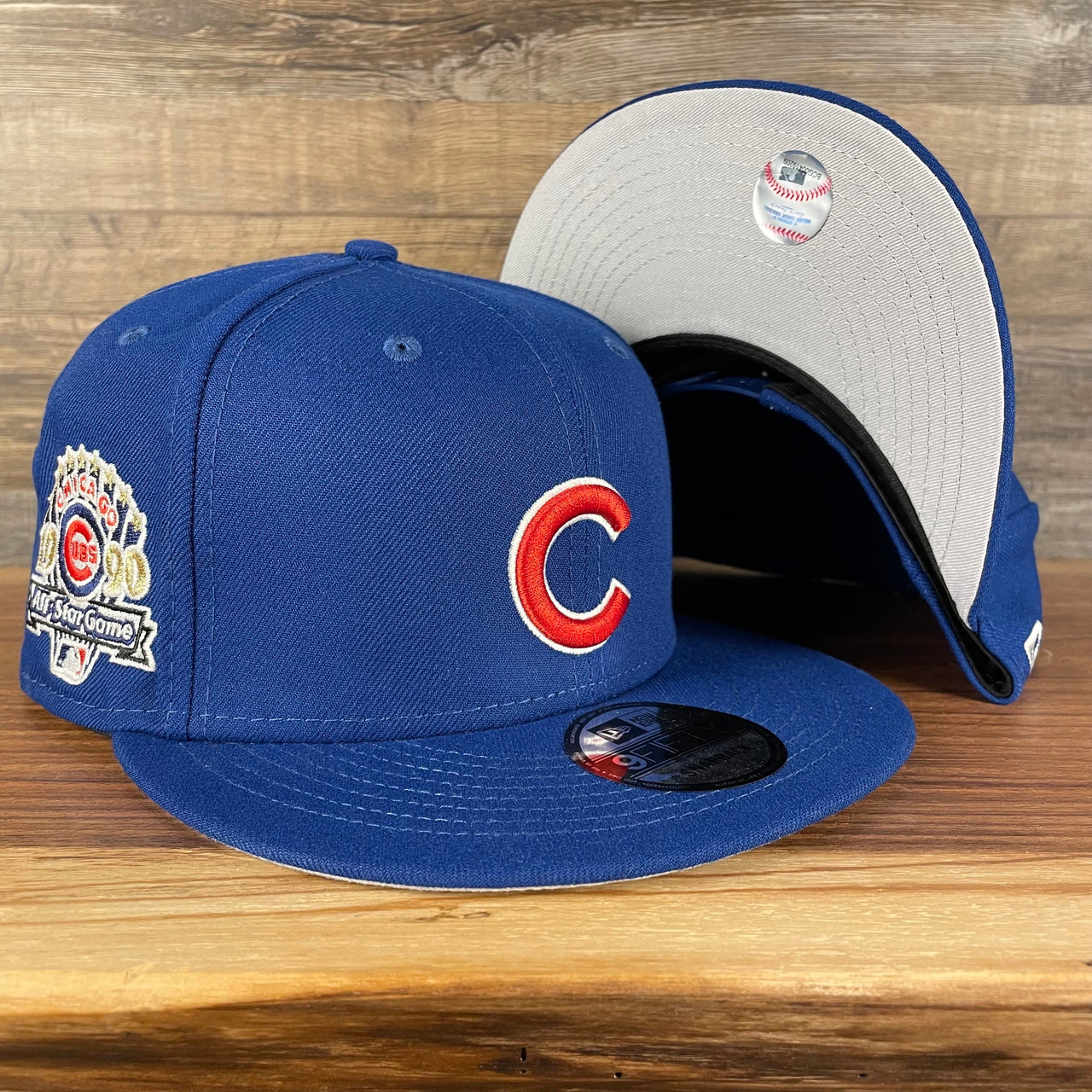 front and bottom of the Chicago Cubs "Patch Up" 1990 All Star Game Side Patch Gray Bottom 59Fifty Royal Fitted Cap