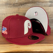 front and bottom of Philadelphia Phillies "Patch Up" 1980 World Series Side Patch Gray Bottom 9Fifty Maroon Snapback Hat