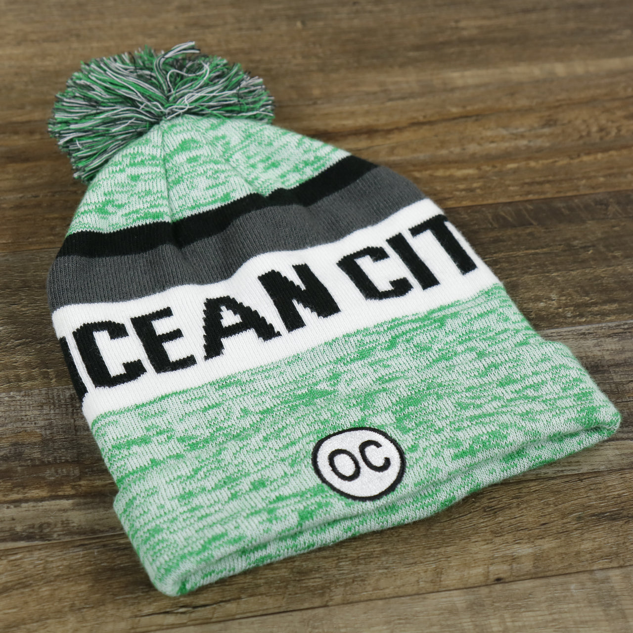 Ocean City Striped Wordmark Pom Pom Winter Knit Beanie | Kelly Green and White Winter Beanie