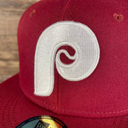phillies logo on the Philadelphia Phillies "Patch Up" 1980 World Series Side Patch Gray Bottom 9Fifty Maroon Snapback Hat