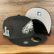 front and bottom Philadelphia Eagles "Patch Up" Super Bowl LII Side Patch Gray Bottom 59Fifty Black Fitted Cap