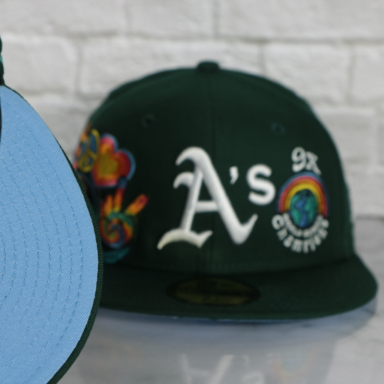 sky blue under visor on the Oakland Athletics Groovy World Series Champions Patch 59Fifty Fitted Cap | New Era Groovy Side Patch 5950