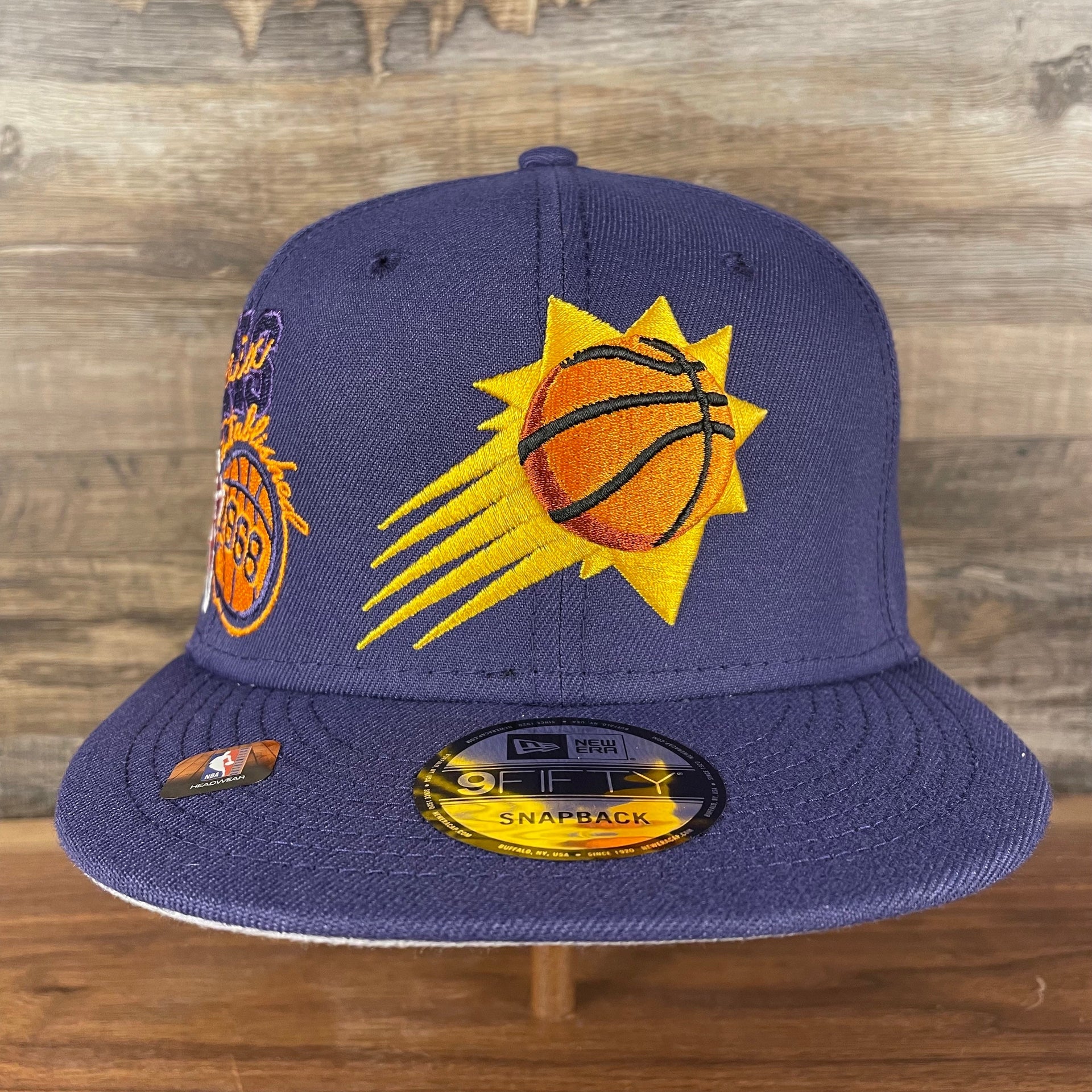 Front of the Phoenix Suns NBA 75th Anniversary Side Patch Gray Bottom Purple 9Fifty Snapback Hat | Back Half