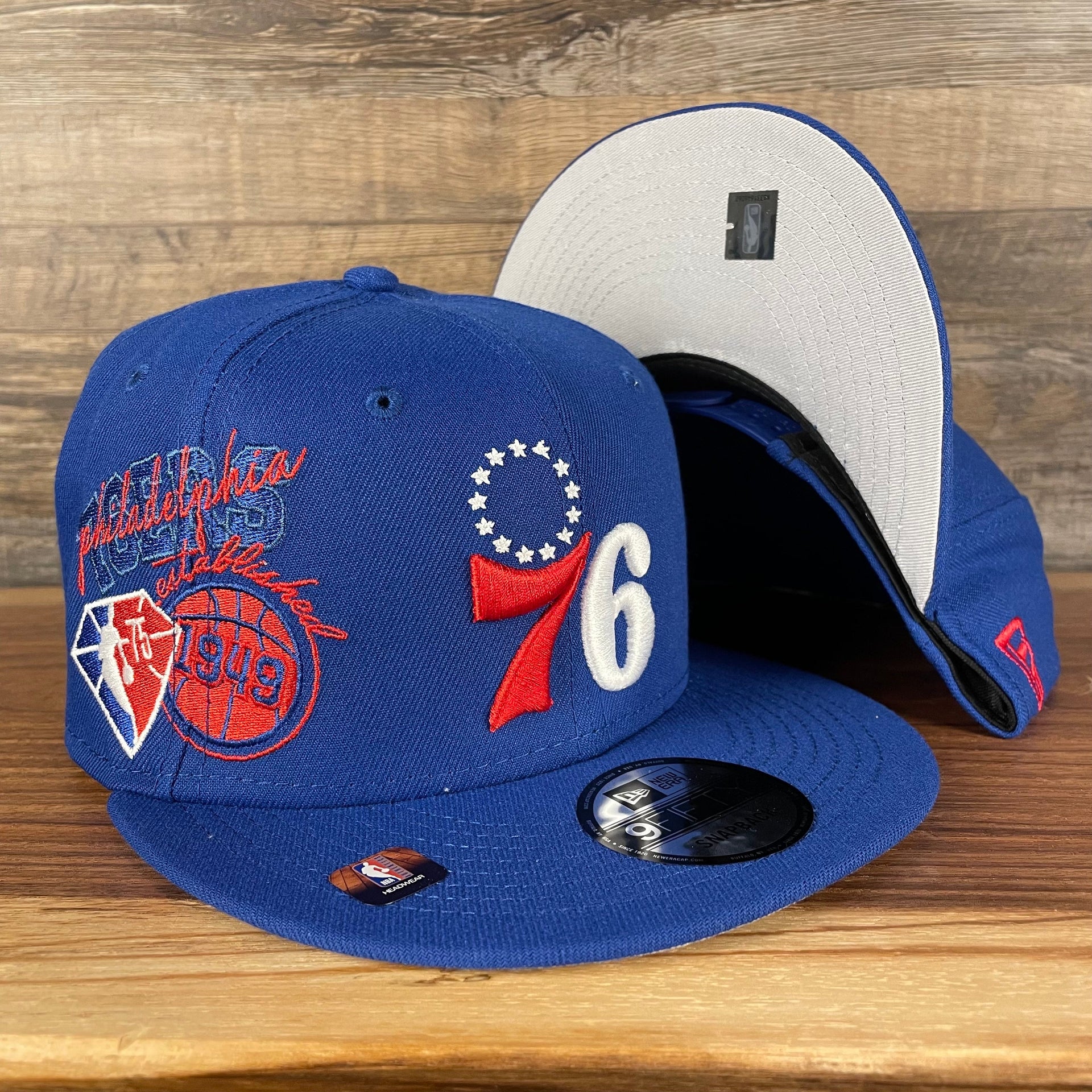 Philadelphia 76ers NBA 75th Anniversary Side Patch Gray Bottom Royal 9Fifty Snapback Hat | Back Half