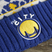 Retro Golden State Warriors Mooser Ugly Sweater Cuffed Winter Beanie | Royal Blue And Yellow Winter Beanie